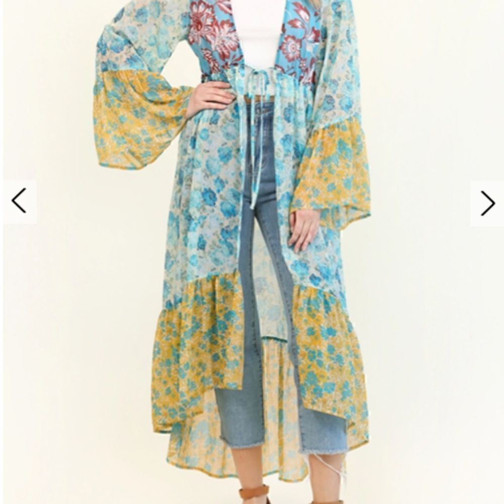 Boho Mixed Floral Bell Sleeves Tie Front Kimono Beach Cover Hippie Festival Vibe - Picture 2 of 11